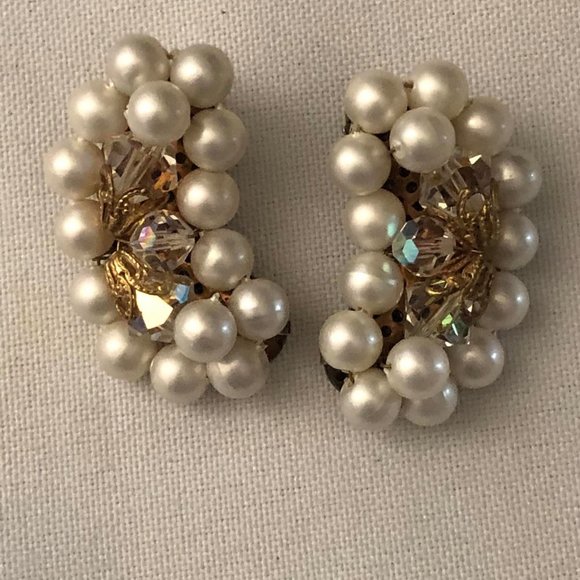 3pc Vintage White/Clear Beaded Gold Tone Earrings, Bracelet & Stauer White Neckl - Picture 4 of 8